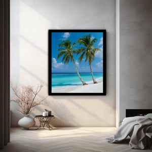 Tropical palm trees by turquoise ocean for coastal living room decor