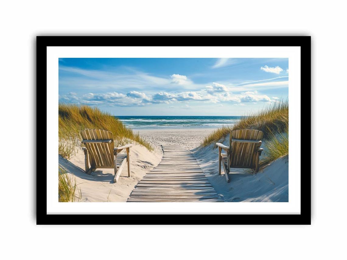 Beach boardwalk and dune coastal artwork for serene bedroom decor
