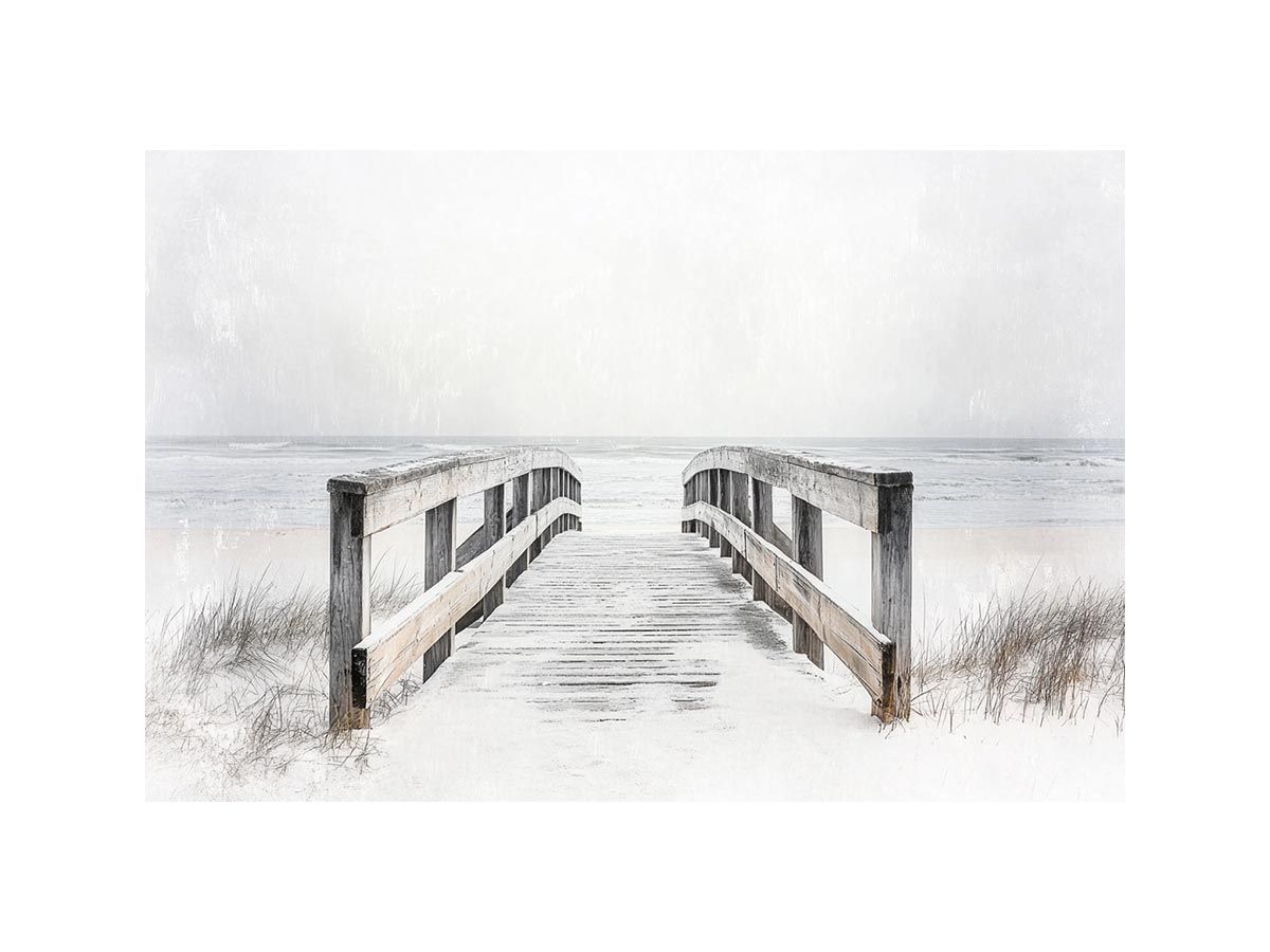 Black and white coastal boardwalk artwork for minimalist living room decor
