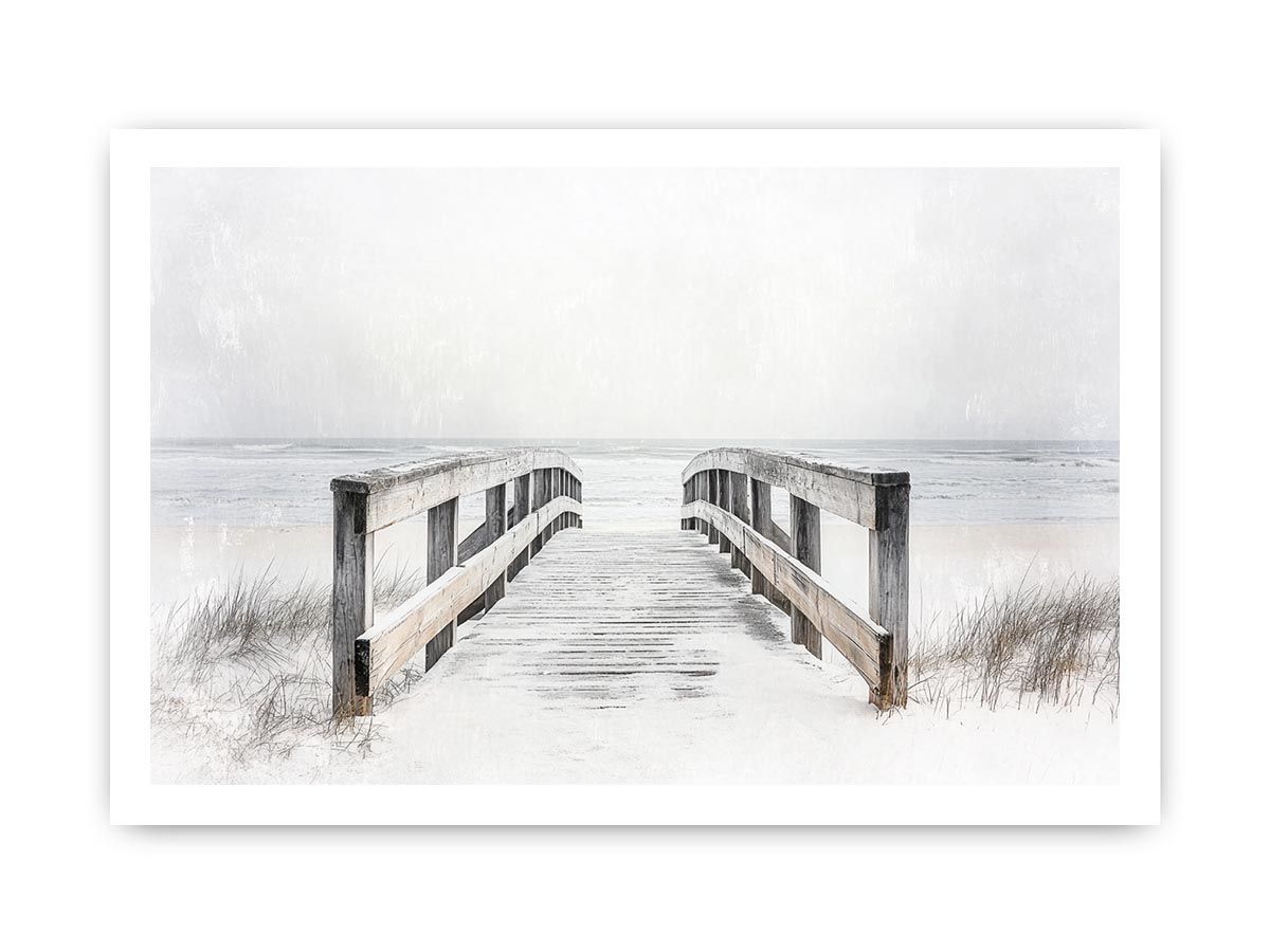 Black and white coastal boardwalk artwork for minimalist living room decor