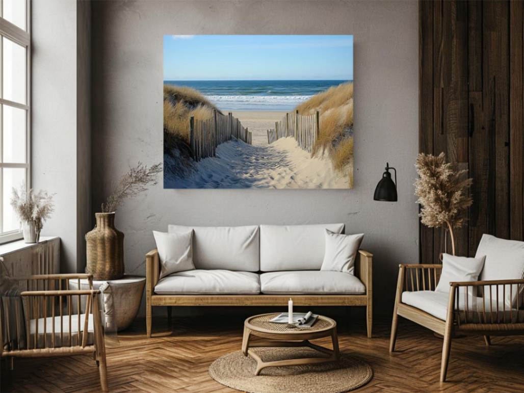 Beach pathway through dunes artwork for coastal living room decor