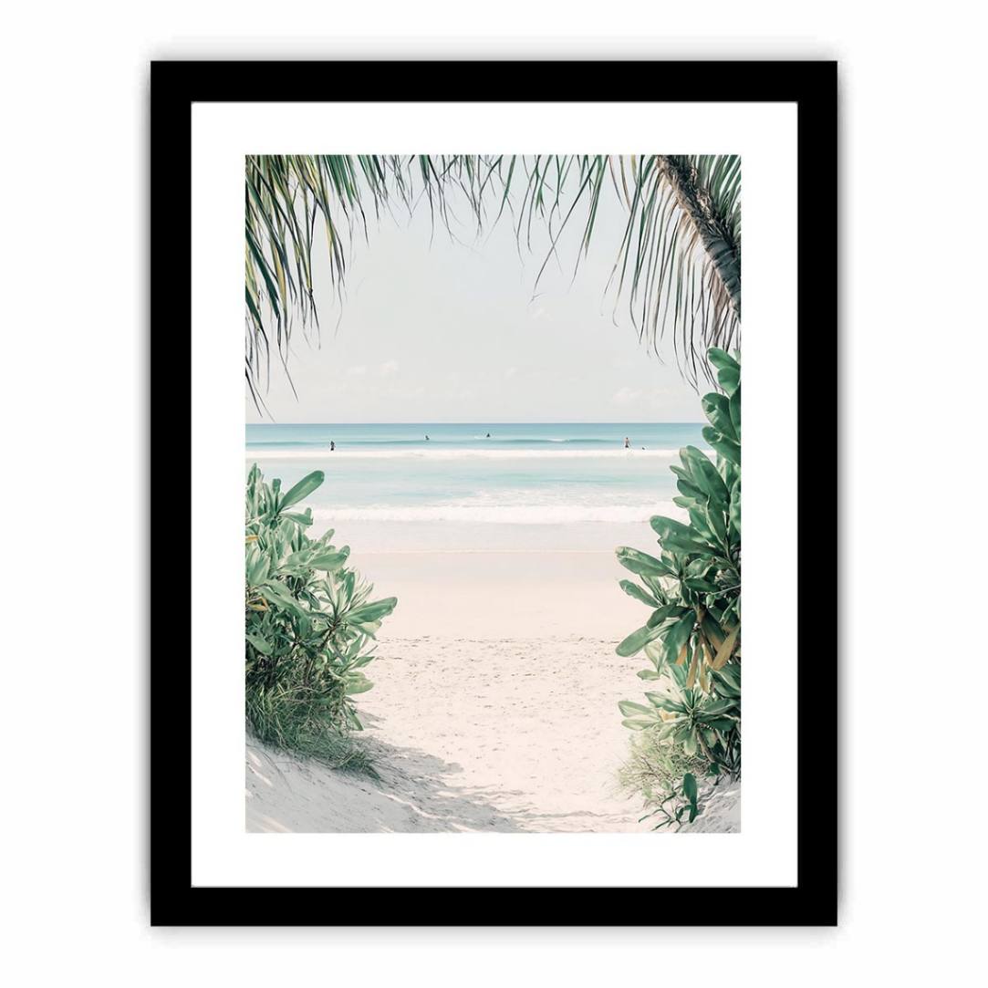 Tropical beach artwork with palm leaves for serene coastal bedroom decor