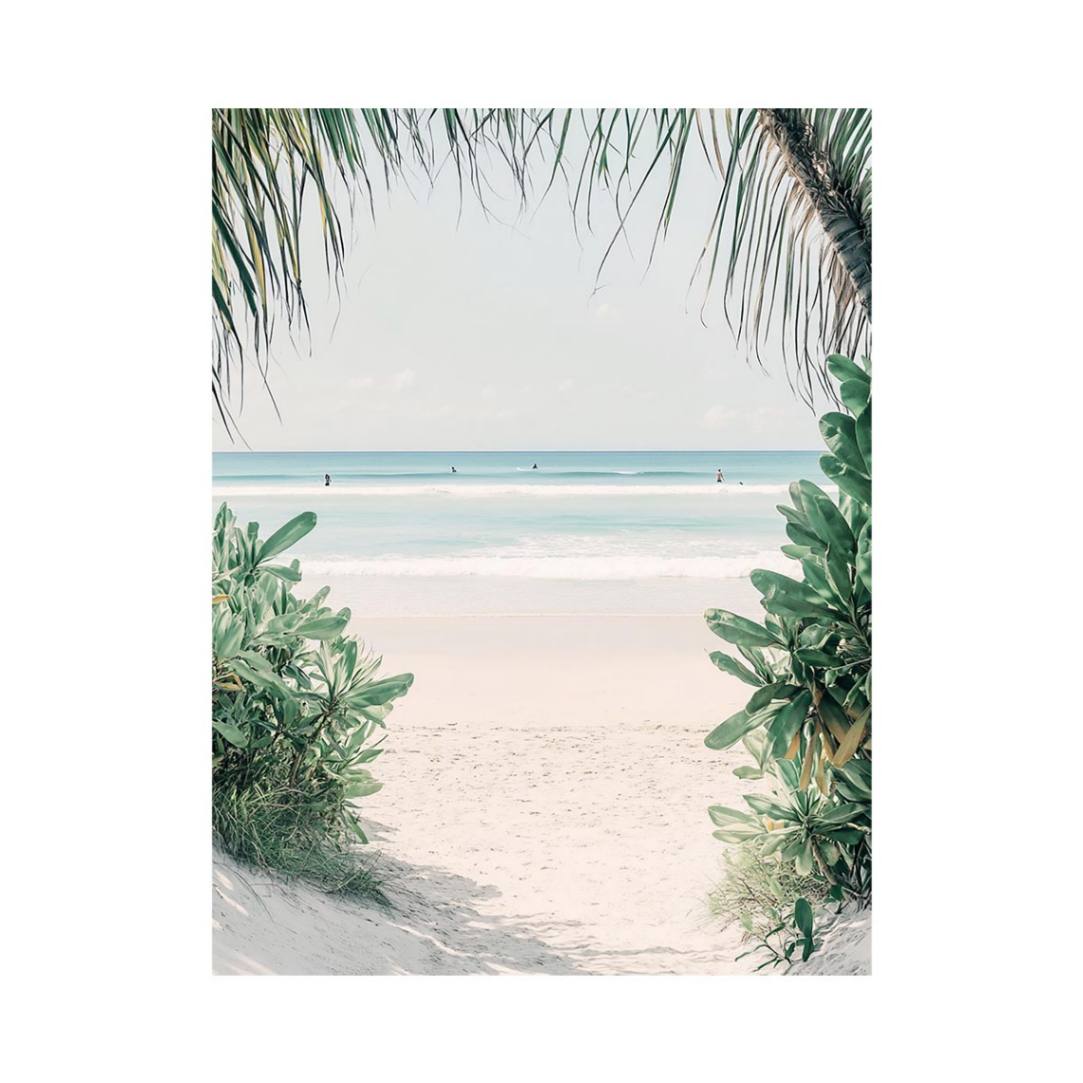 Tropical beach artwork with palm leaves for serene coastal bedroom decor