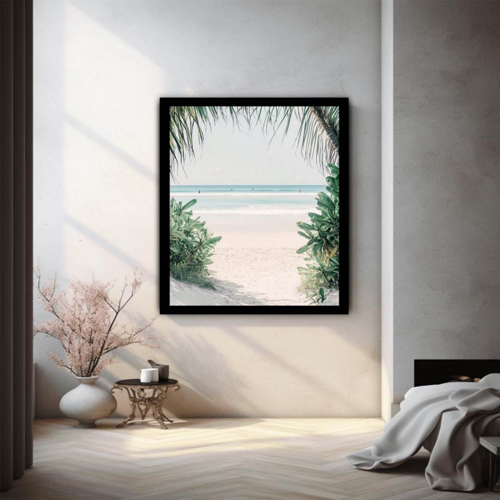 Tropical beach artwork with palm leaves for serene coastal bedroom decor