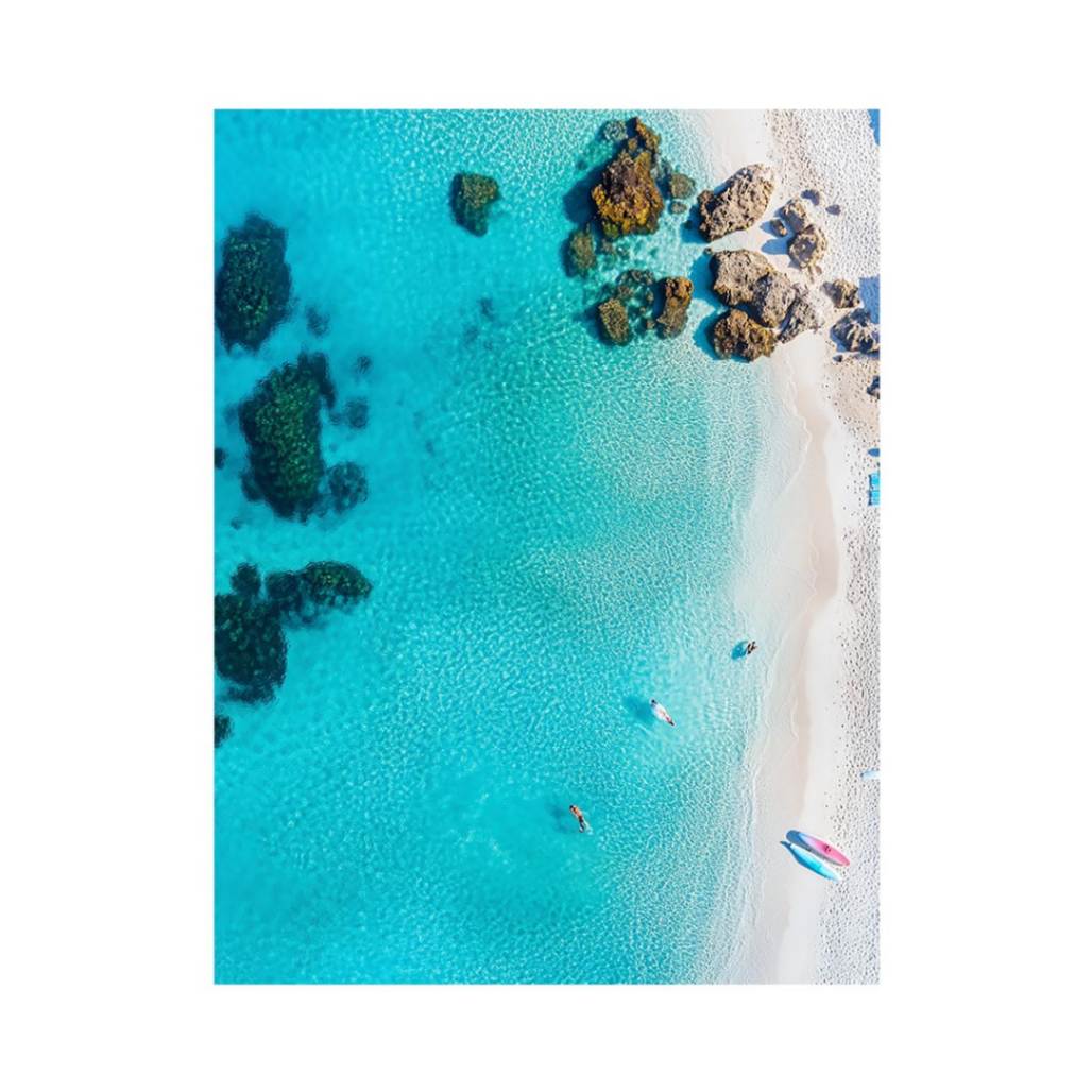 Aerial turquoise beach and shoreline artwork for modern coastal interiors.
