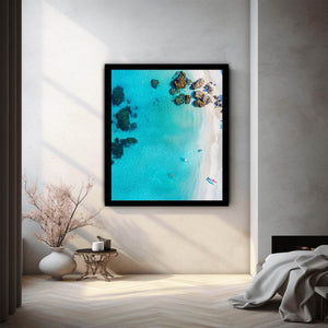 Aerial turquoise beach and shoreline artwork for modern coastal interiors.