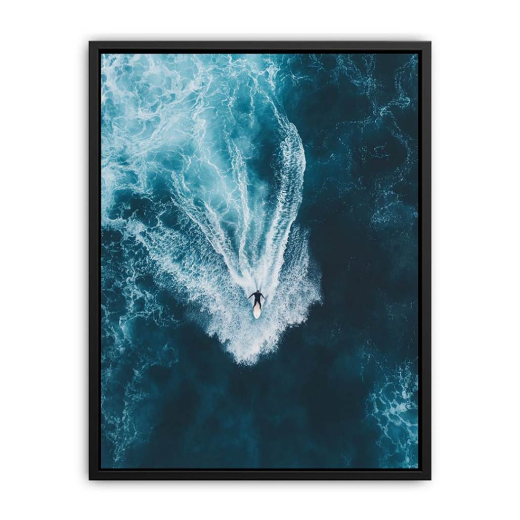 Aerial surfer riding ocean waves artwork for modern office or living room decor.