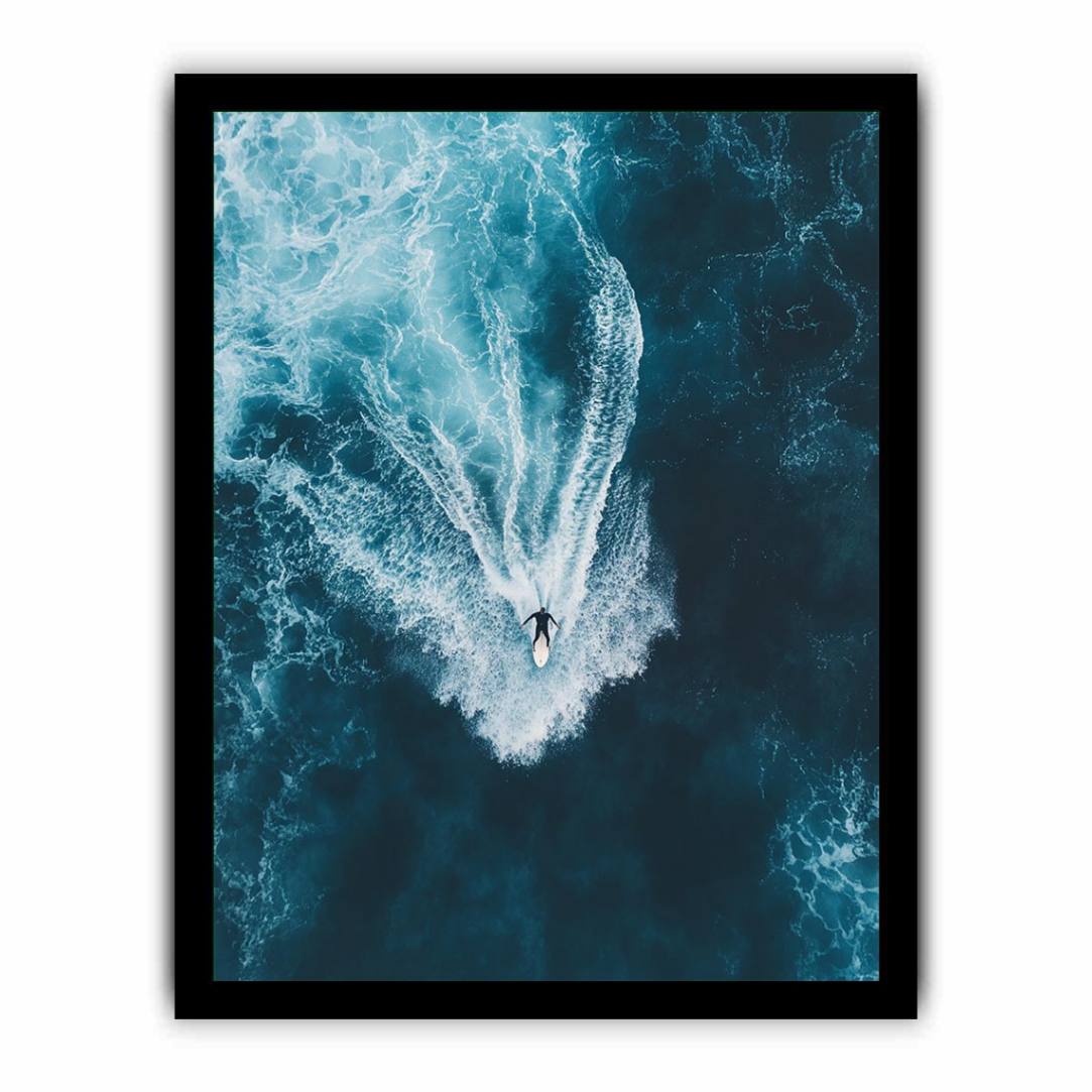 Aerial surfer riding ocean waves artwork for modern office or living room decor.