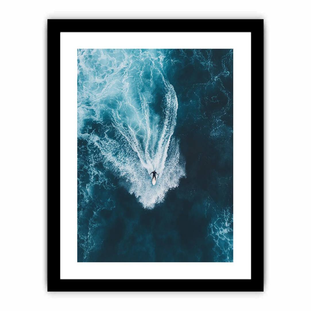 Aerial surfer riding ocean waves artwork for modern office or living room decor.