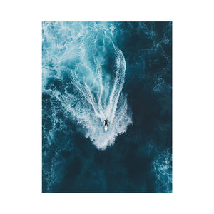 Aerial surfer riding ocean waves artwork for modern office or living room decor.