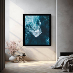 Aerial surfer riding ocean waves artwork for modern office or living room decor.