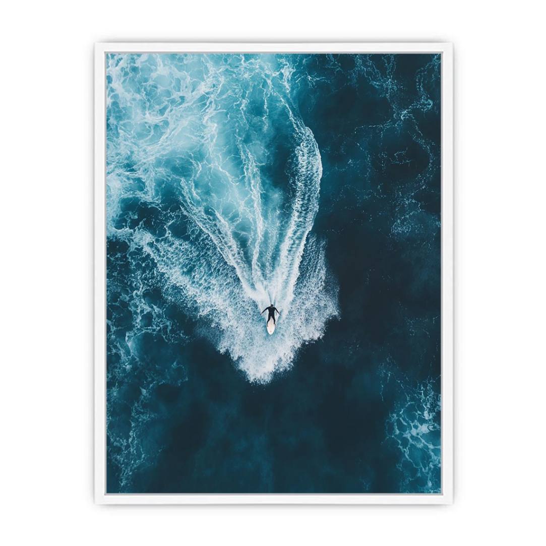 Aerial surfer riding ocean waves artwork for modern office or living room decor.