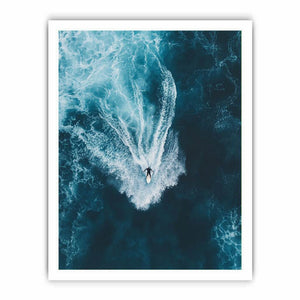 Aerial surfer riding ocean waves artwork for modern office or living room decor.