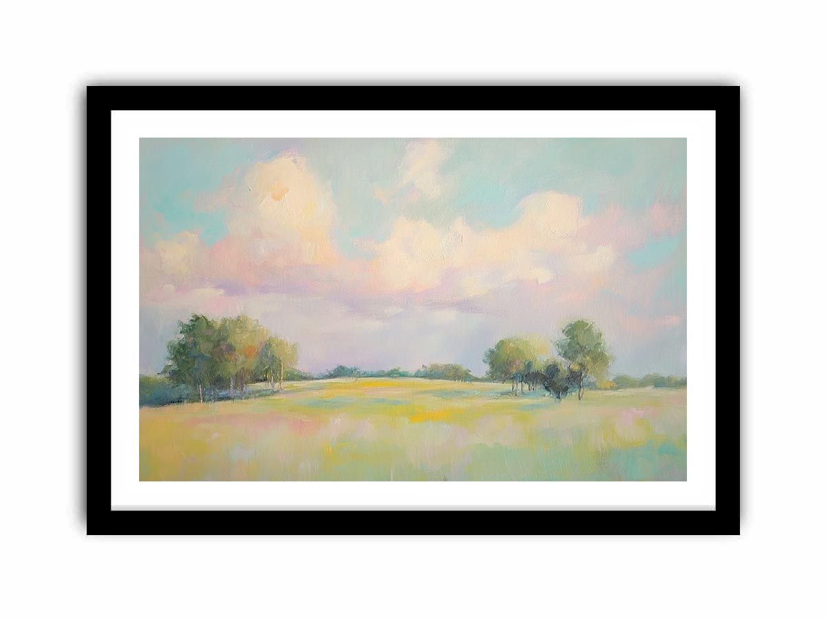 Pastel meadow landscape artwork for peaceful bedroom and living room decor.