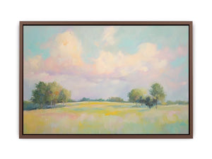 Pastel meadow landscape artwork for peaceful bedroom and living room decor.