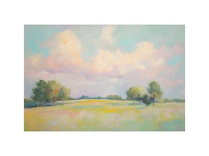 Pastel meadow landscape artwork for peaceful bedroom and living room decor.