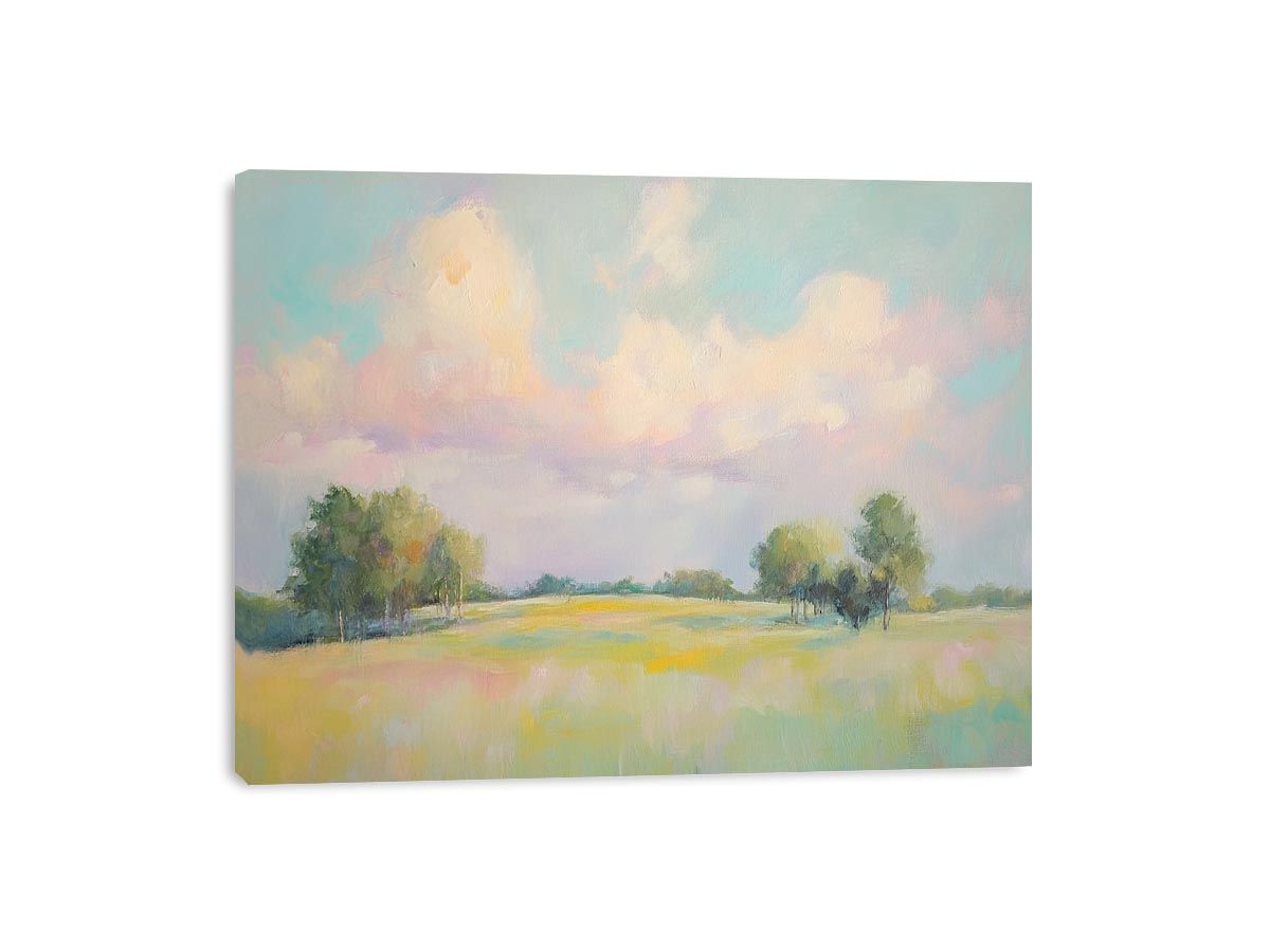 Pastel meadow landscape artwork for peaceful bedroom and living room decor.