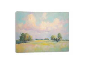Pastel meadow landscape artwork for peaceful bedroom and living room decor.