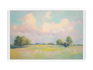 Pastel meadow landscape artwork for peaceful bedroom and living room decor.