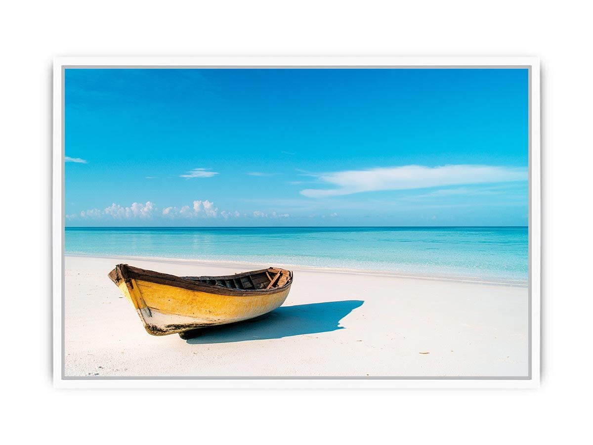 Yellow boat on a pristine beach artwork for coastal home and beach house decor.