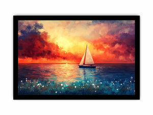 Colorful sailboat sunset artwork for luxury living room and modern coastal decor.