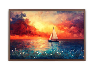 Colorful sailboat sunset artwork for luxury living room and modern coastal decor.