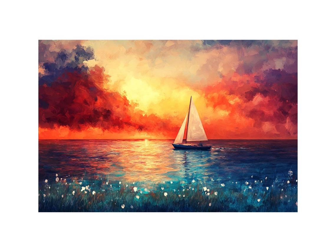 Colorful sailboat sunset artwork for luxury living room and modern coastal decor.
