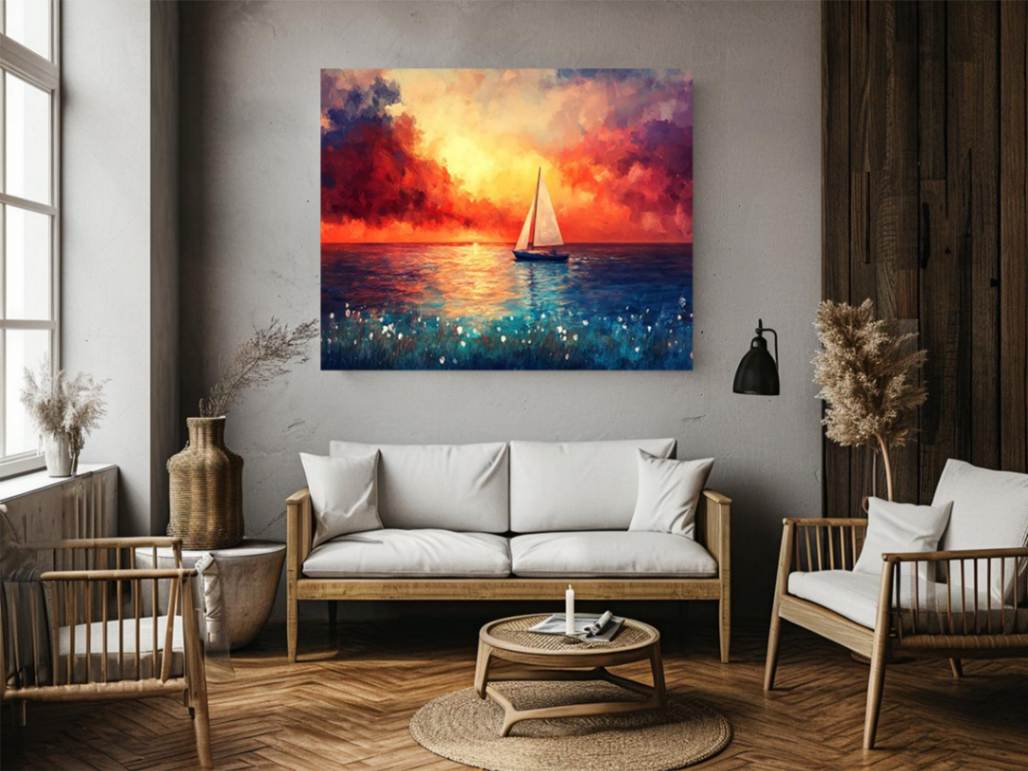 Colorful sailboat sunset artwork for luxury living room and modern coastal decor.