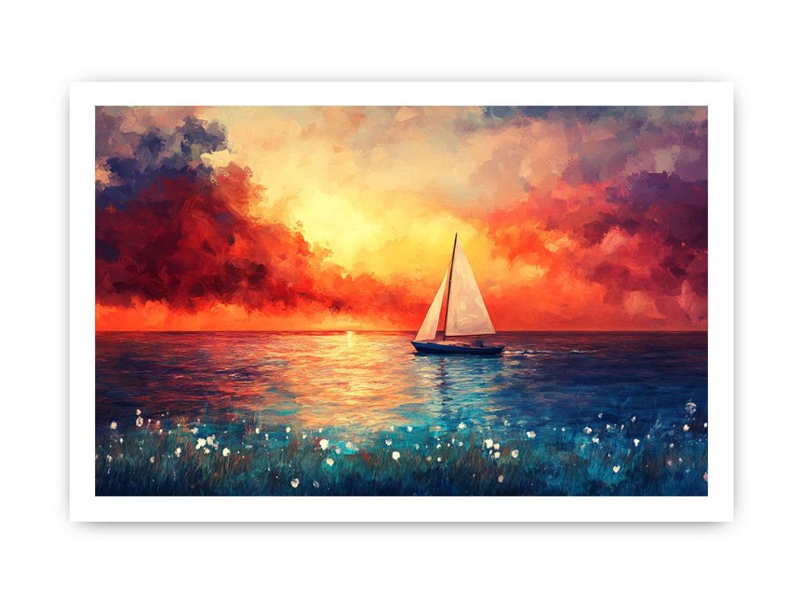 Colorful sailboat sunset artwork for luxury living room and modern coastal decor.