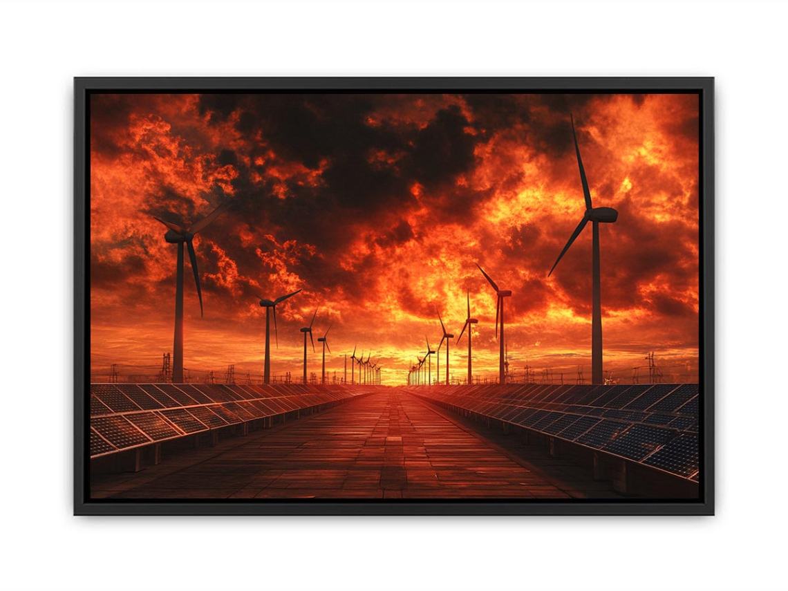Renewable energy landscape with wind turbines and solar panels under a dramatic fiery sunset for modern office decor
