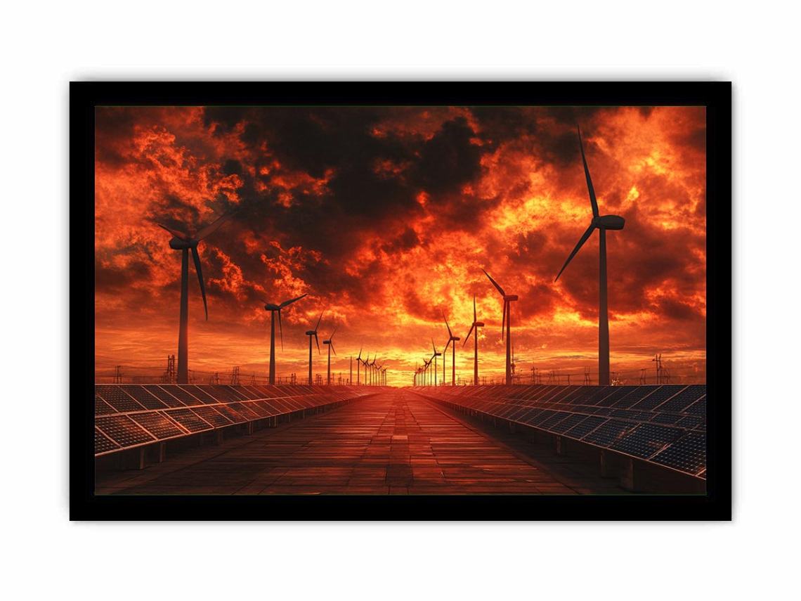 Renewable energy landscape with wind turbines and solar panels under a dramatic fiery sunset for modern office decor