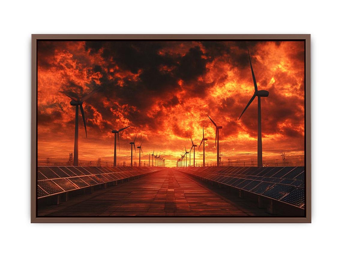 Renewable energy landscape with wind turbines and solar panels under a dramatic fiery sunset for modern office decor