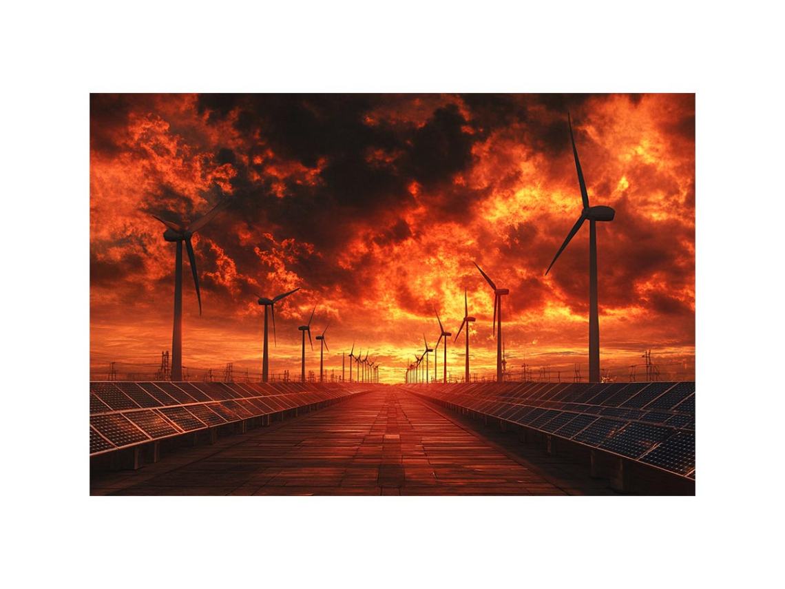 Renewable energy landscape with wind turbines and solar panels under a dramatic fiery sunset for modern office decor