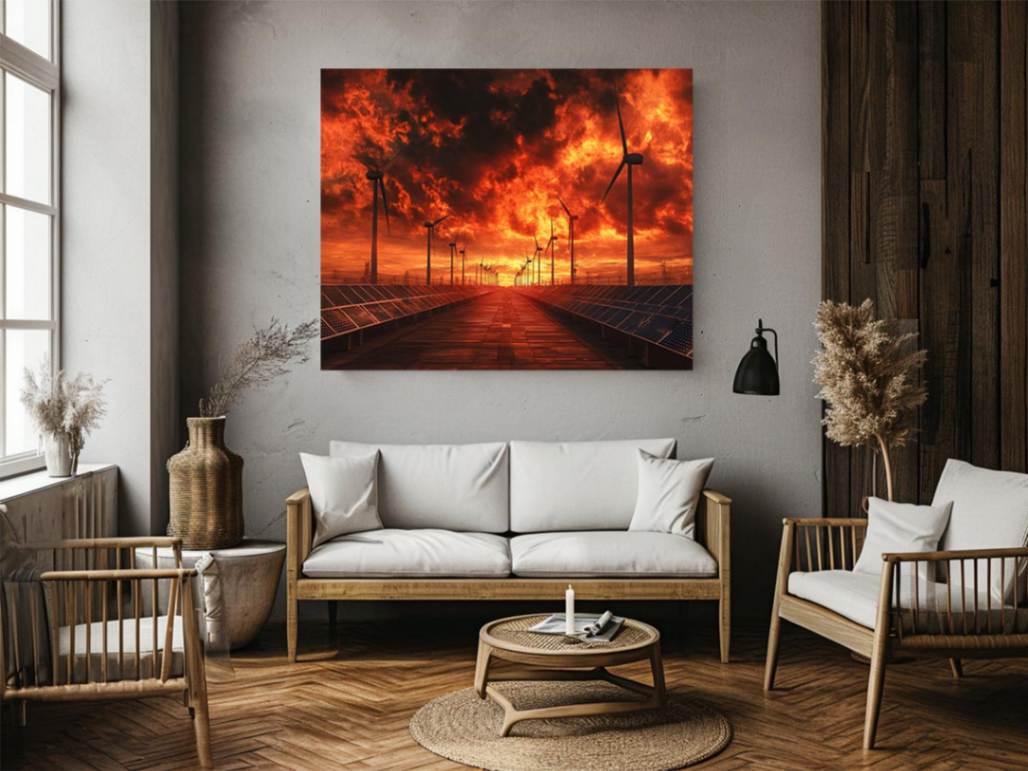Renewable energy landscape with wind turbines and solar panels under a dramatic fiery sunset for modern office decor
