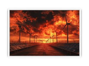 Renewable energy landscape with wind turbines and solar panels under a dramatic fiery sunset for modern office decor