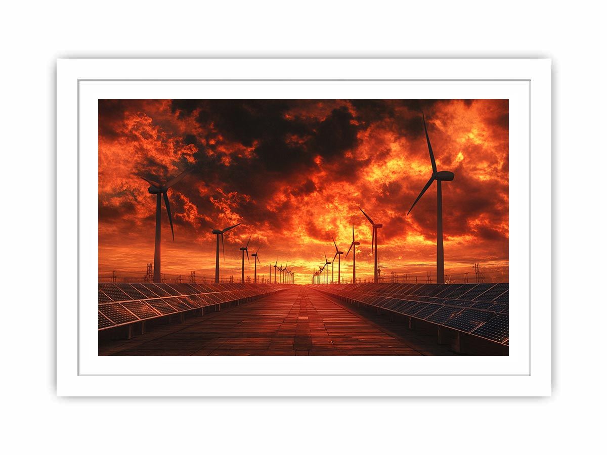 Renewable energy landscape with wind turbines and solar panels under a dramatic fiery sunset for modern office decor