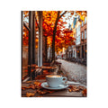 Warm coffee cup photography with autumn street scenery for cozy kitchen and cafe wall decor