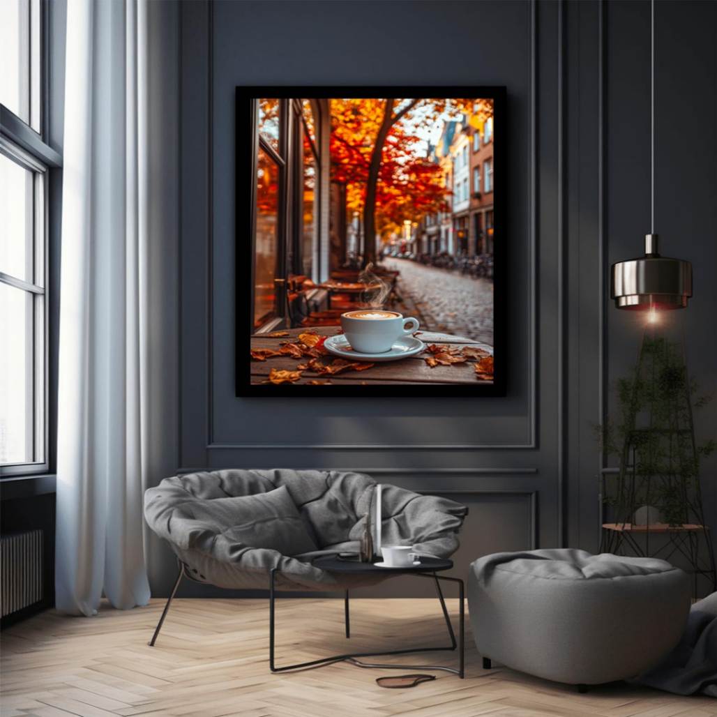 Warm coffee cup photography with autumn street scenery for cozy kitchen and cafe wall decor