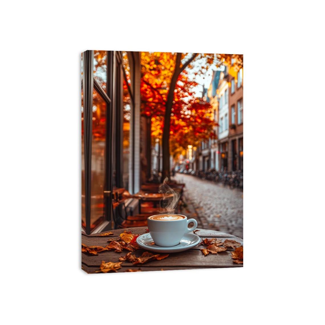 Warm coffee cup photography with autumn street scenery for cozy kitchen and cafe wall decor
