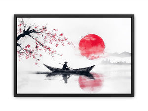 Minimalist boat and crimson sun artwork inspired by Japandi style for serene modern interiors