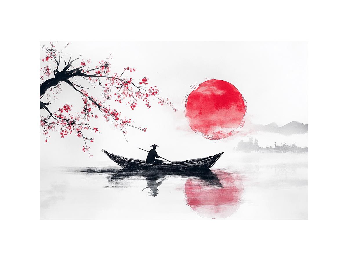 Minimalist boat and crimson sun artwork inspired by Japandi style for serene modern interiors