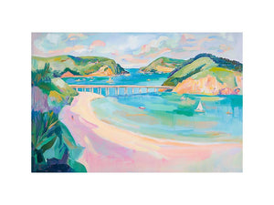 Pastel coastal landscape artwork with sailboats and bay views for bright beach house decor
