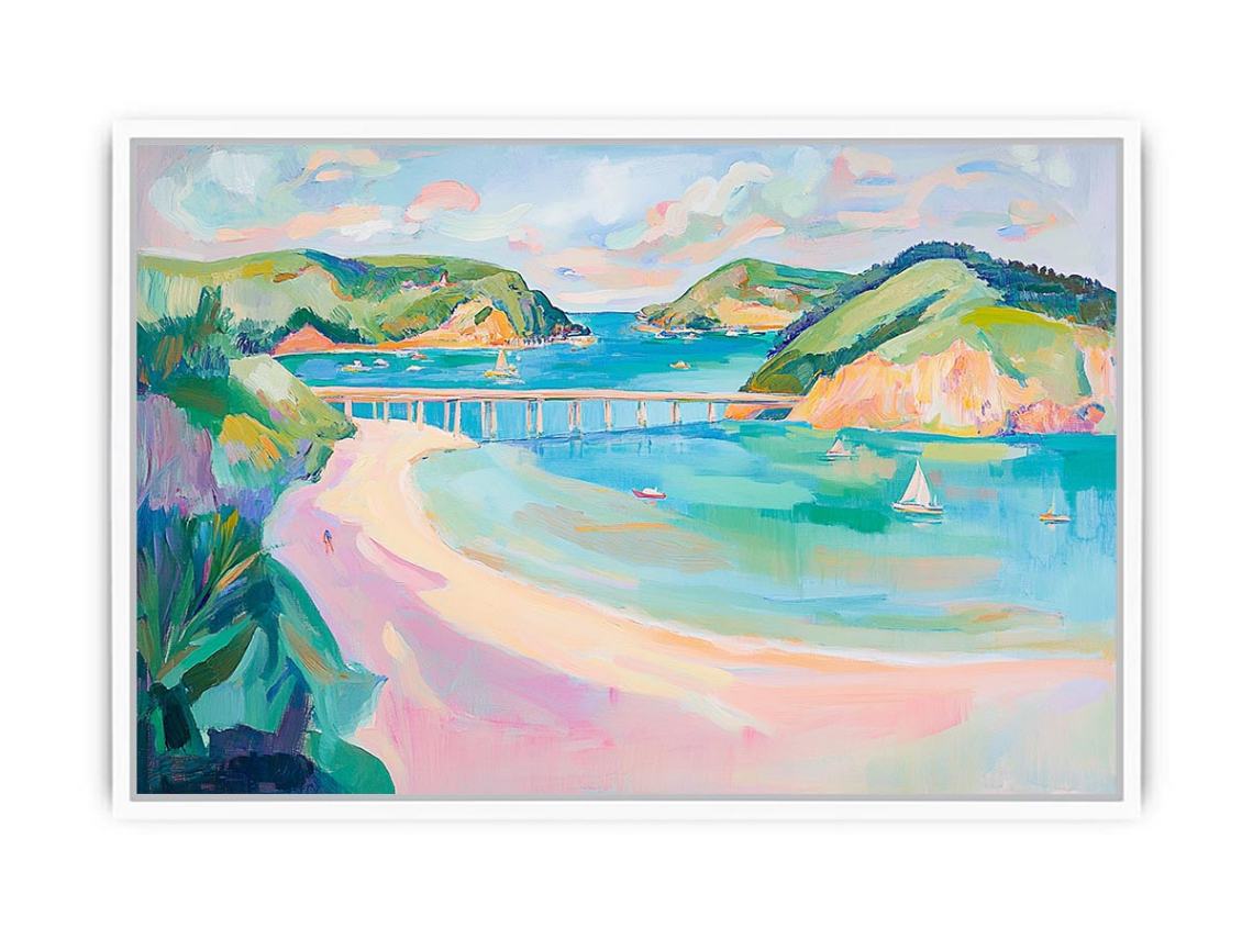 Pastel coastal landscape artwork with sailboats and bay views for bright beach house decor