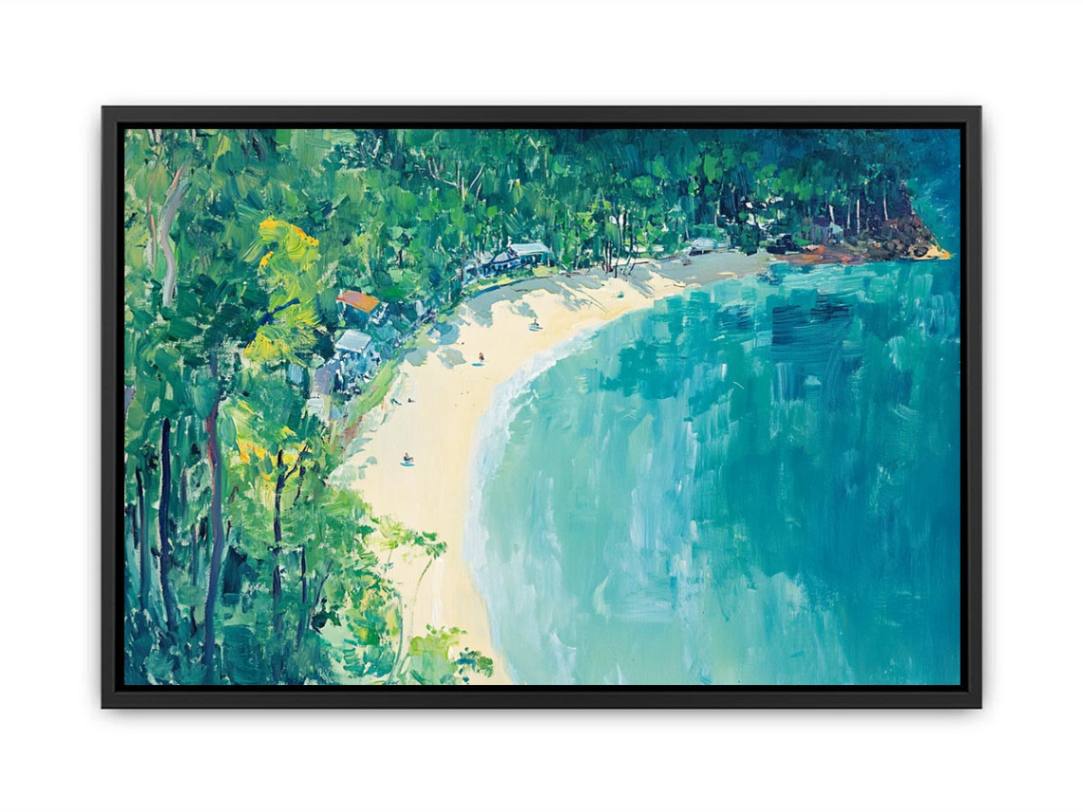 Coastal cove painting with turquoise water and lush greenery for modern living room decor