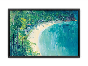 Coastal cove painting with turquoise water and lush greenery for modern living room decor