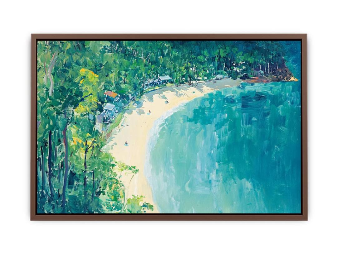 Coastal cove painting with turquoise water and lush greenery for modern living room decor