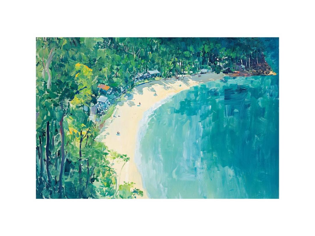 Coastal cove painting with turquoise water and lush greenery for modern living room decor