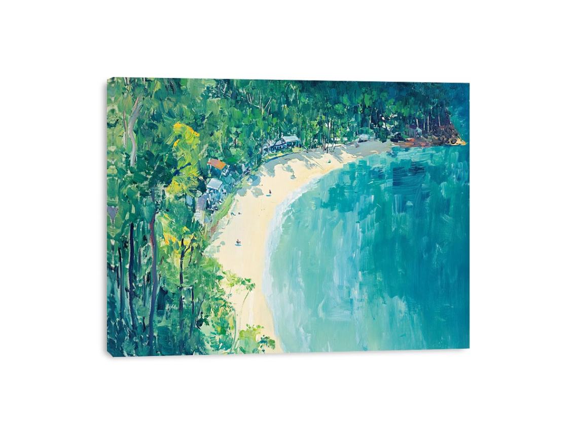 Coastal cove painting with turquoise water and lush greenery for modern living room decor
