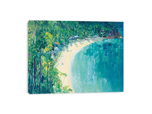 Coastal cove painting with turquoise water and lush greenery for modern living room decor