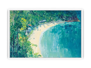 Coastal cove painting with turquoise water and lush greenery for modern living room decor